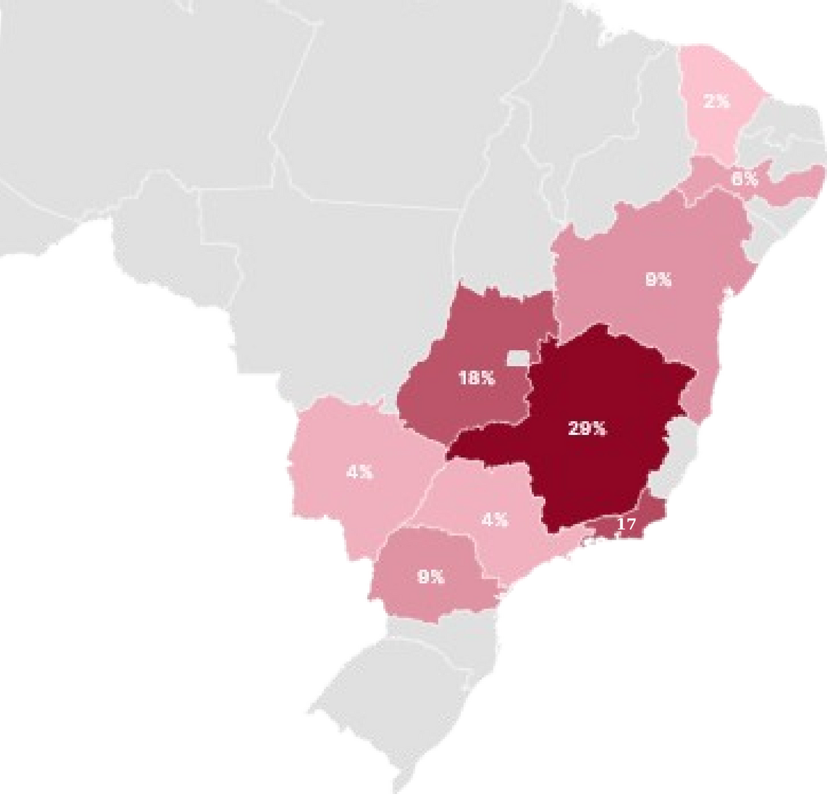 Mapa do Brasil com a exposição geográfica do SNEL11 — MG 29%, GO 18%, RJ 17%, BA 9%, PR 9%, PE 6%, SP 4%, MS 4%, CE 2%